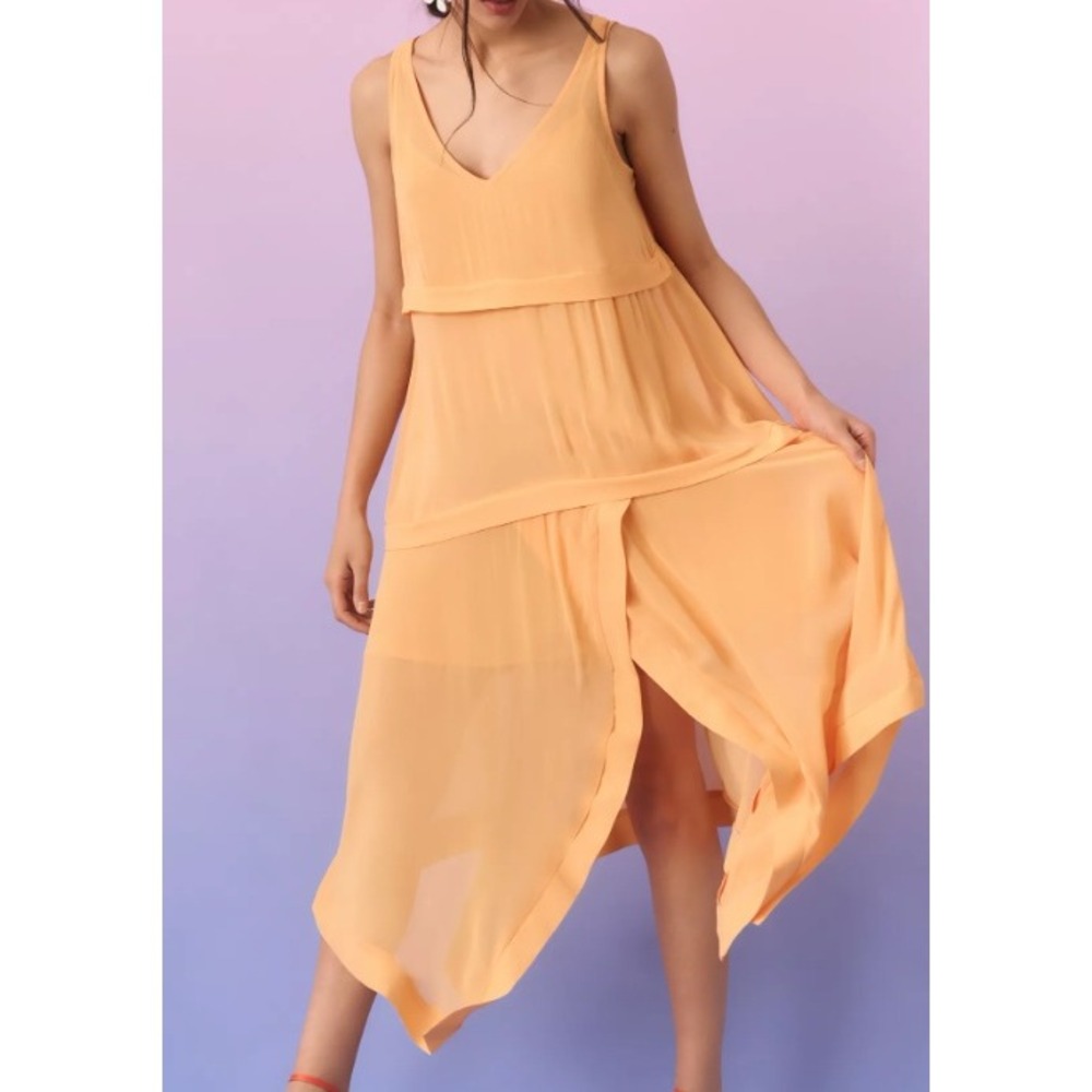 Anthropologie Dress Women's Small Orange Tiered Sheer Overlay V-Neck Sleeveless - Picture 2 of 14